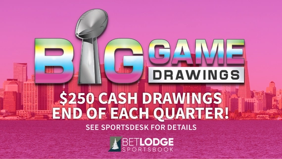 A graphic showing there will be $250 cash drawings at the end of each quarter during the Big Game.