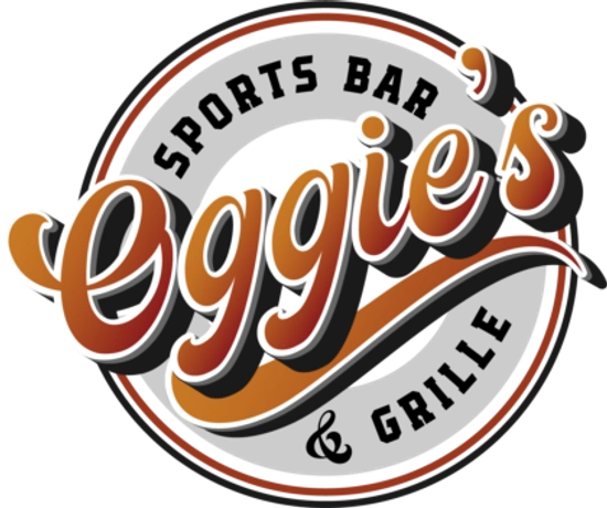 Logo for "Oggie's Sports Bar & Grille" with bold, stylized text in brown, orange, black, and white, arranged in a circular design.